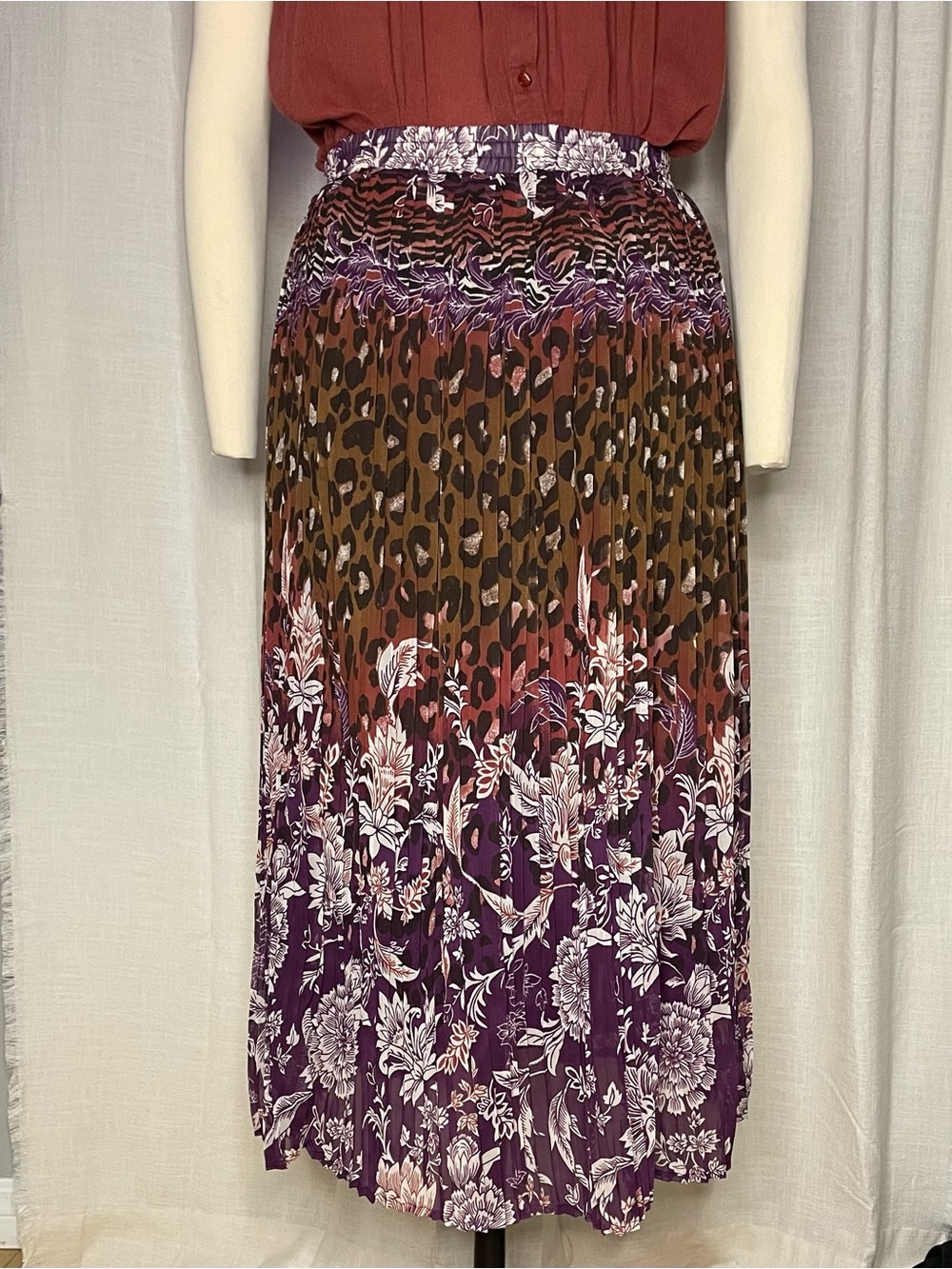 🐆VNTG Bon Worth - Maximalist Pleated Floral & Leopard Print Midi Skirt - XS